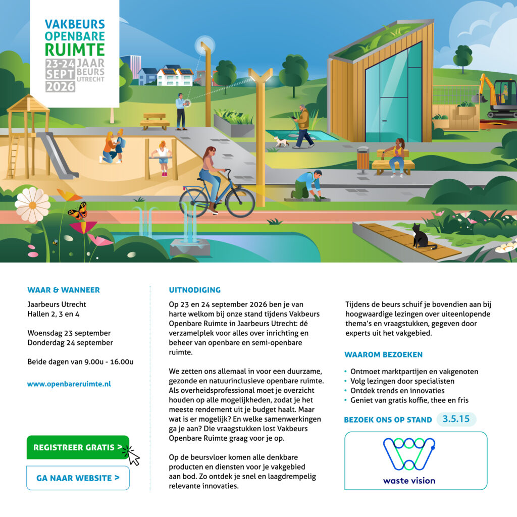 3/06/2026
Inge Wassink
Deel dit artikel:
FacebookXLinkedIn
Waste Vision op Vakbeurs Openbare Ruimte Utrecht: slim afvalbeheer voor gemeenten